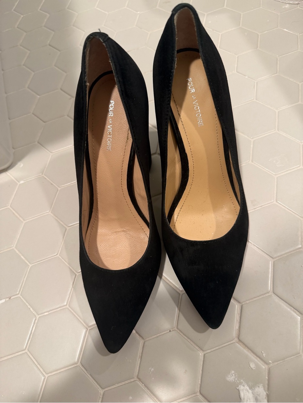Pour La Victoire Black Suede Pointed Toe Pumps